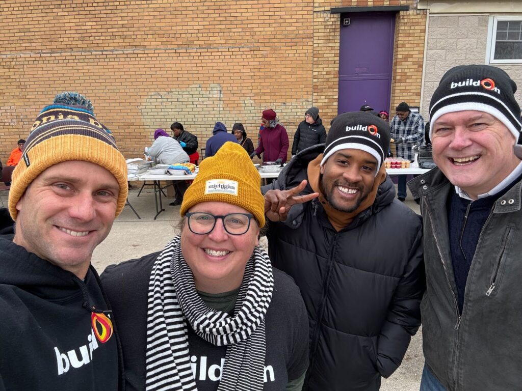 New Executive Director Rosann Jager (pictured second from left) serves at The Ark’s soup kitchen alongside Detroit Board Members Michael Smith, Dana Greene, and Neil Armstrong (pictured left to right).