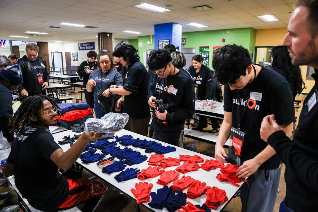 buildOn students assemble winter care kits in Chicago.