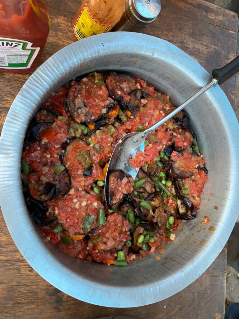 Mabiringanya Okazinga A Supu, fried eggplant in a savory sauce.