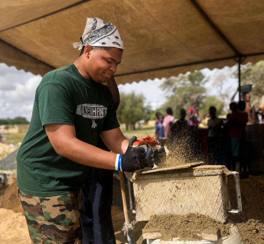 Kameron Hicks, buildOn President at Renaissance High School, helps make bricks on Trek.