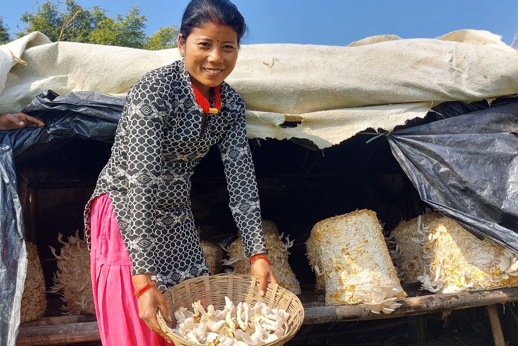 A community member in Dangpur-Bansgadhi, Nepal grows mushrooms as part of buildOn’s income-generating activities in her village.