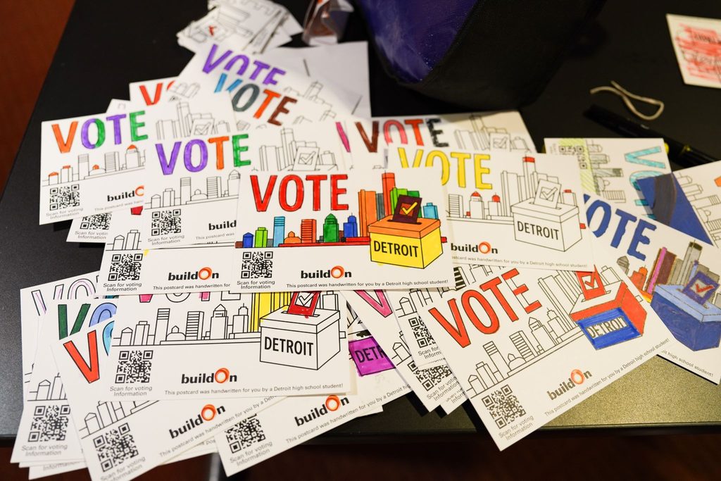 Throughout the month, buildOn students decorated postcards to encourage their neighbors to vote.